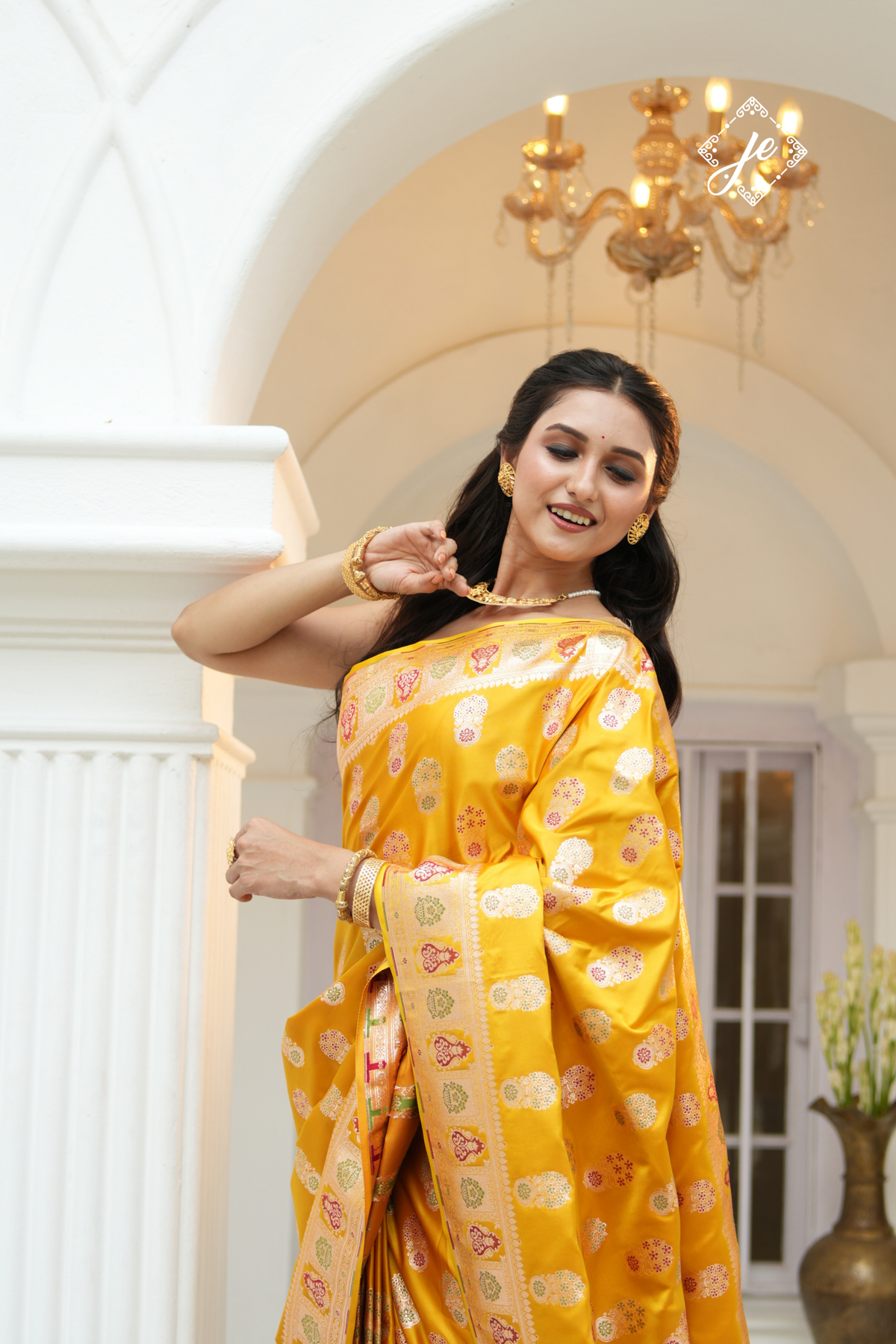 Yellow Satin Silk Meenakari Buti Banarasi Saree