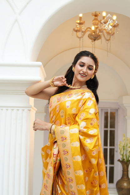 Yellow Satin Silk Meenakari Buti Banarasi Saree