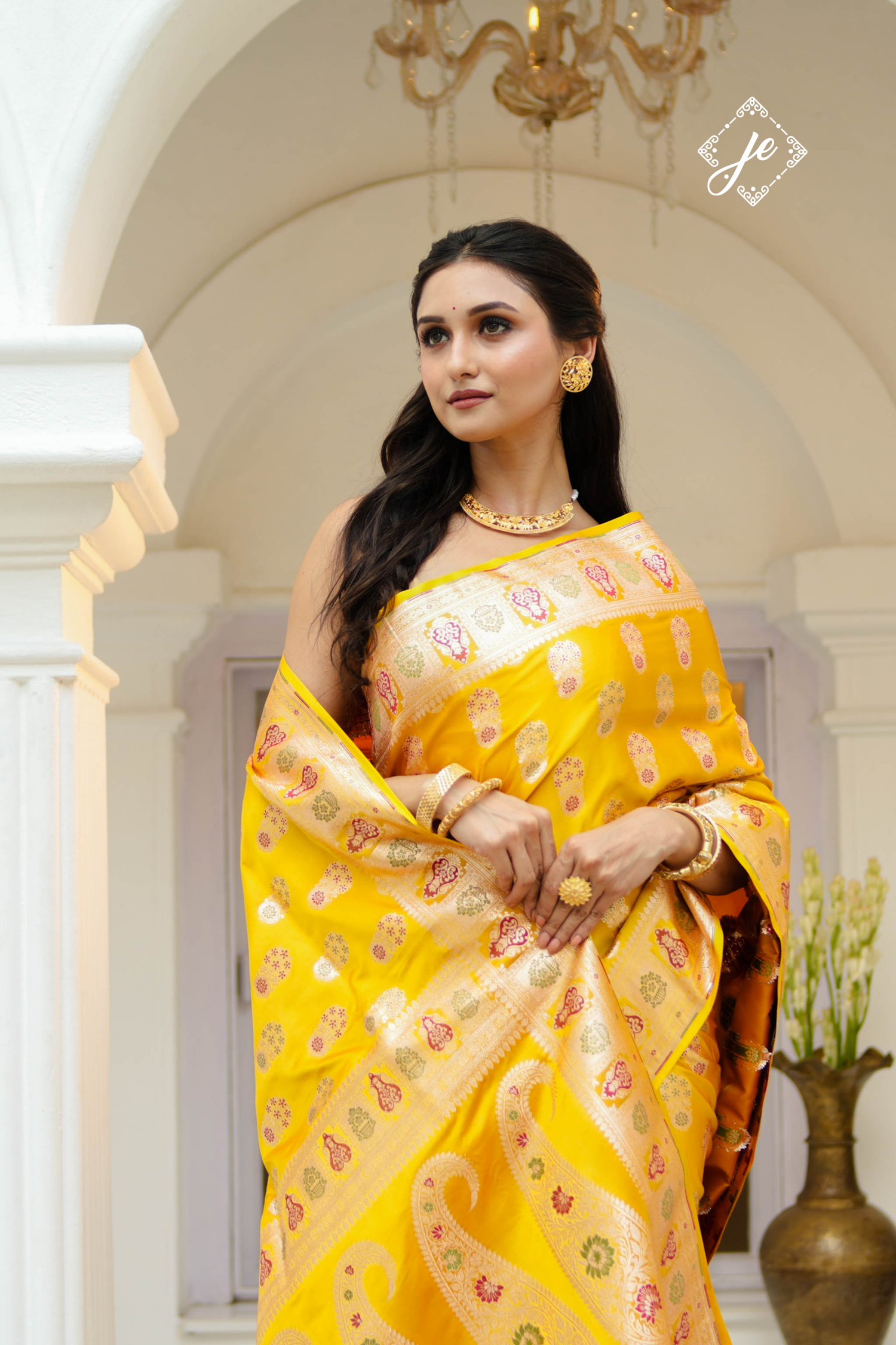 Yellow Satin Silk Meenakari Buti Banarasi Saree