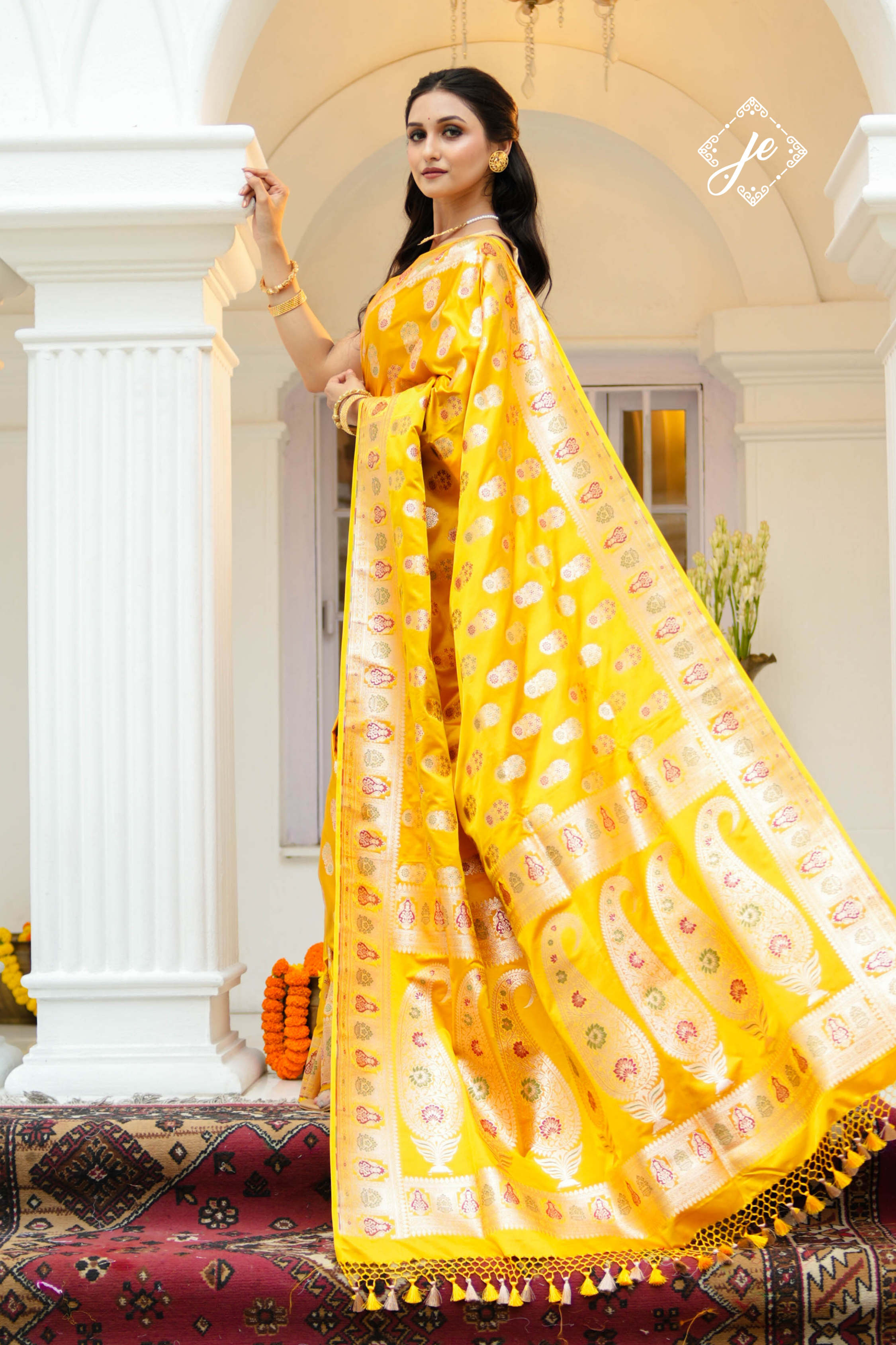 Yellow Satin Silk Meenakari Buti Banarasi Saree