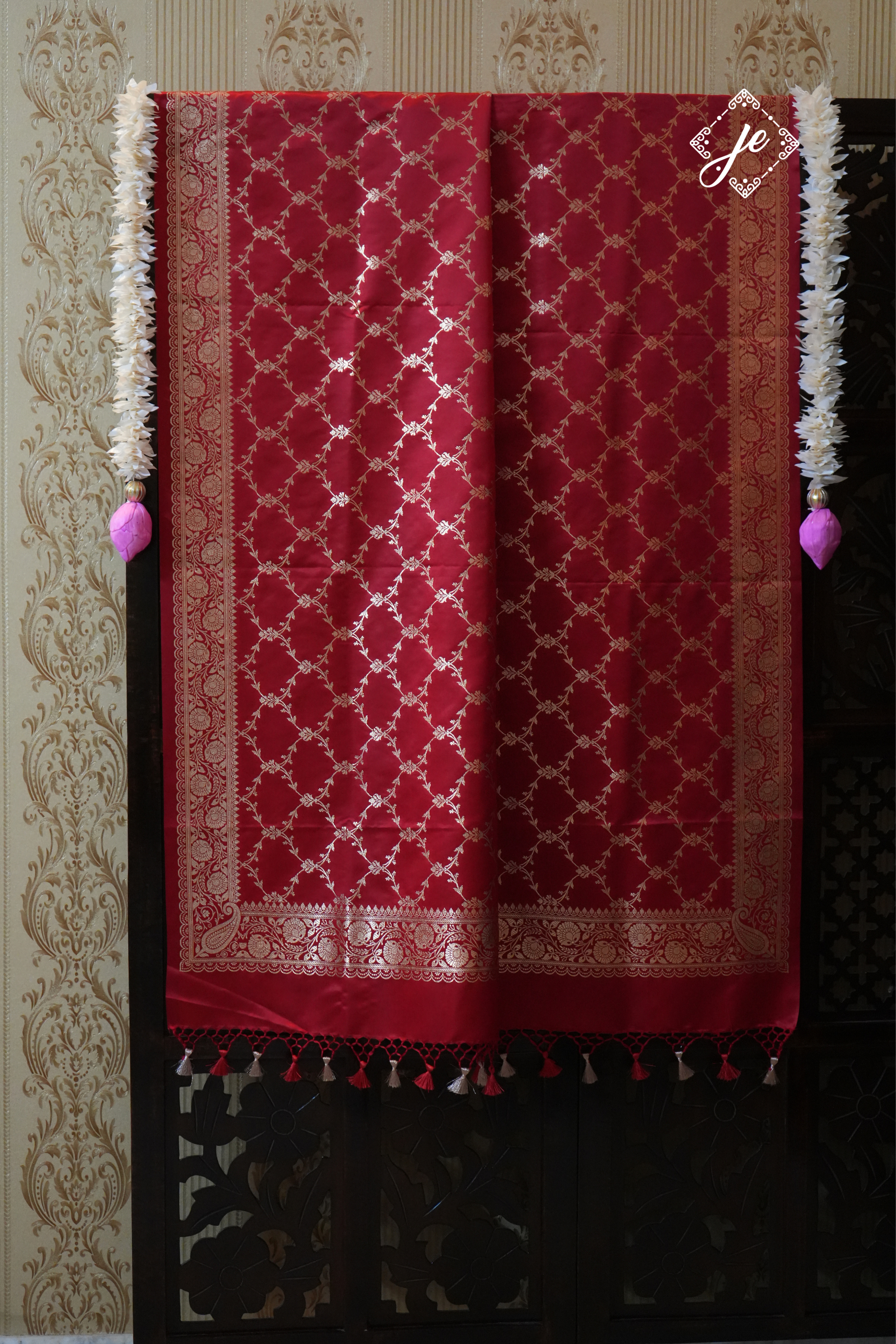 Red Satin Silk Banarasi Dupatta