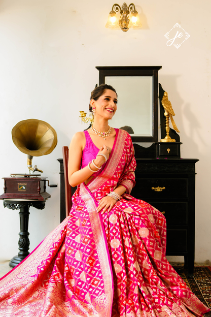 Pink Satin Silk Rangkaat  Banarasi Saree