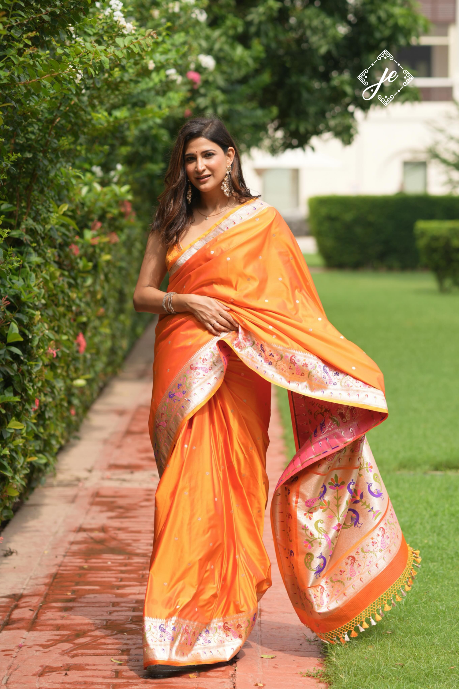 Orange Satin Silk Paithani Banarasi Saree