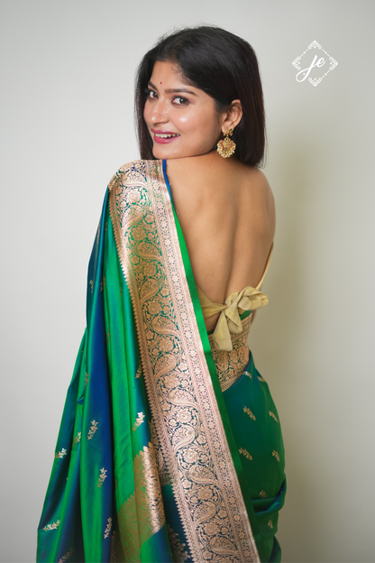 Dual Tone Green Blue Satin Silk Banarasi Saree