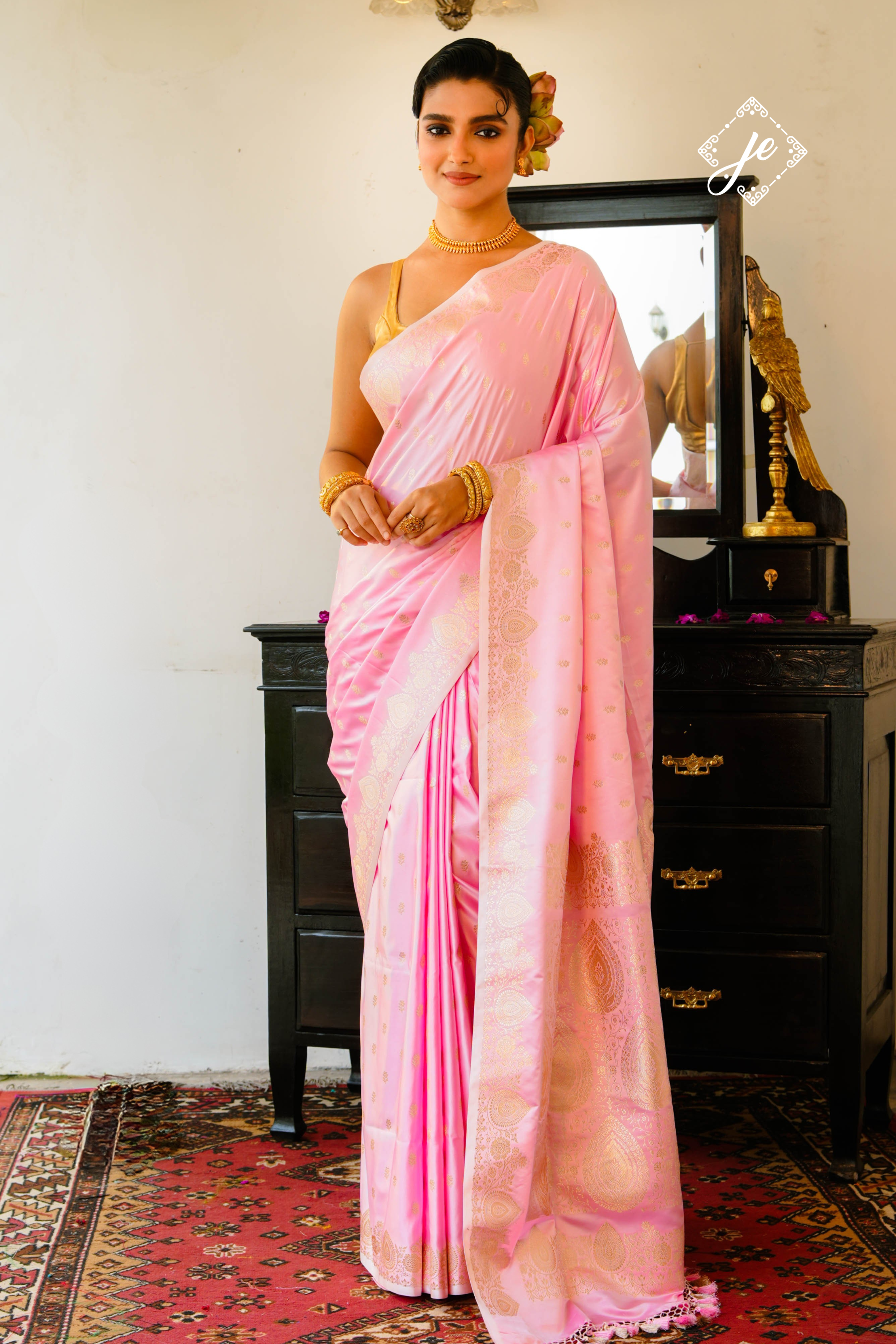 Pastel Pink Satin Silk Banarasi Saree