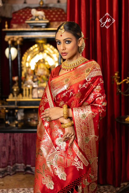 Red Satin Silk Meenakari Jaal Banarasi Saree