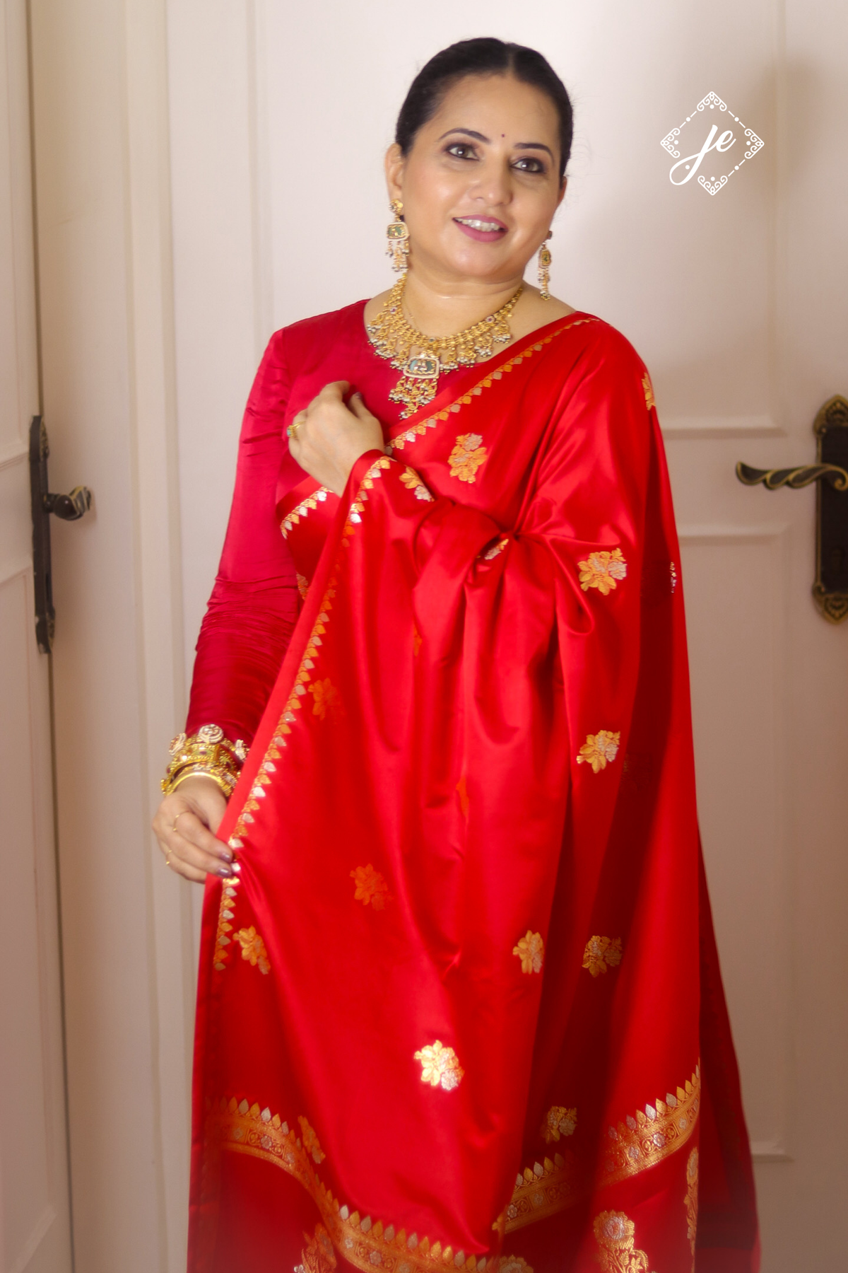 Red Satin Silk Buti Banarasi Saree