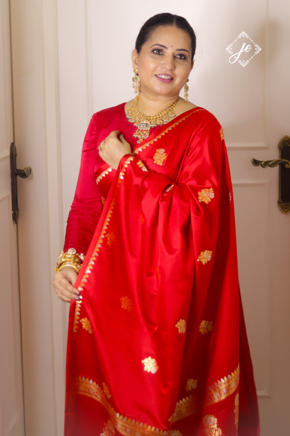 Red Satin Silk Buti Banarasi Saree