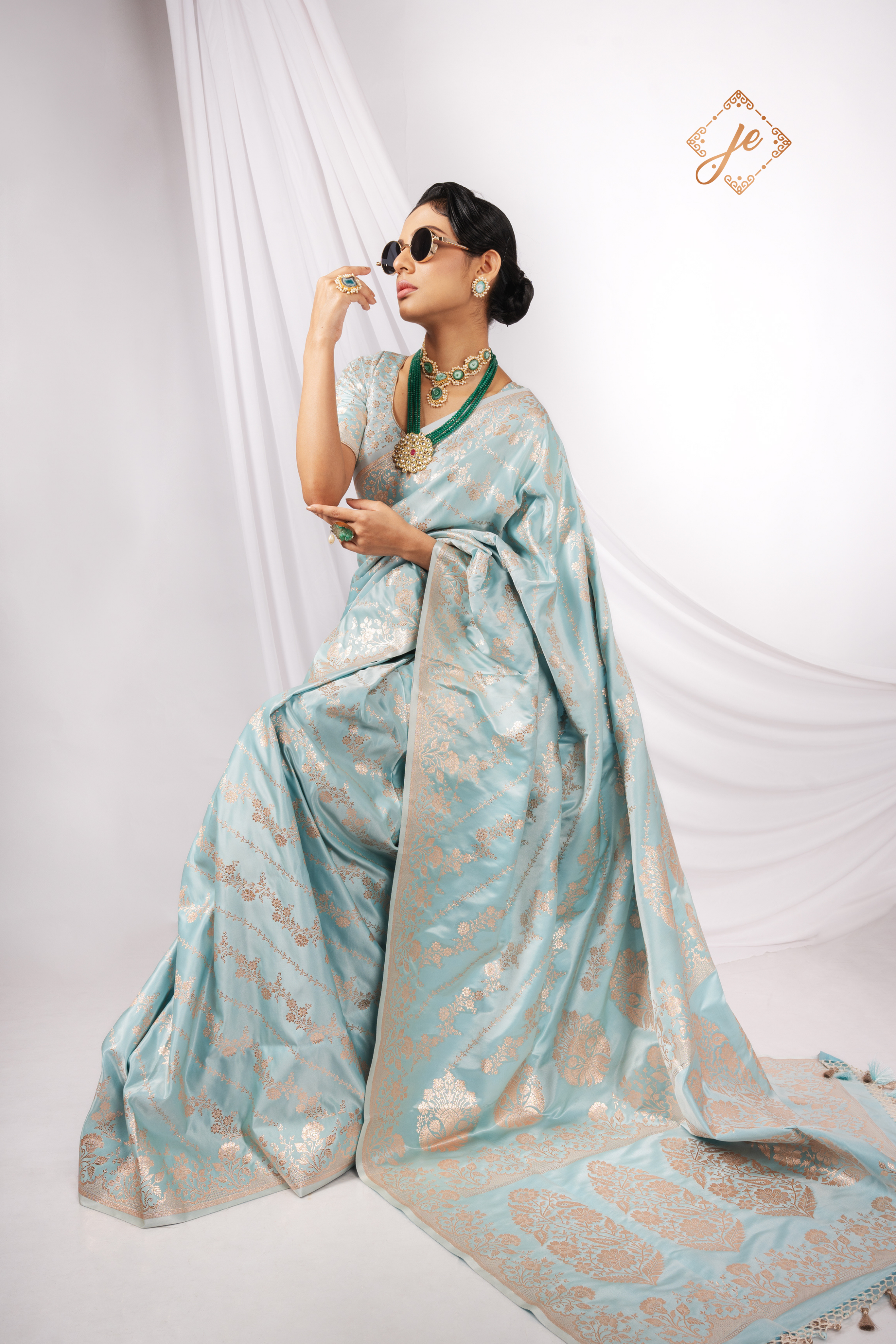 Ice Blue Scallop Style Border Satin Silk Leheriya Banarasi Saree