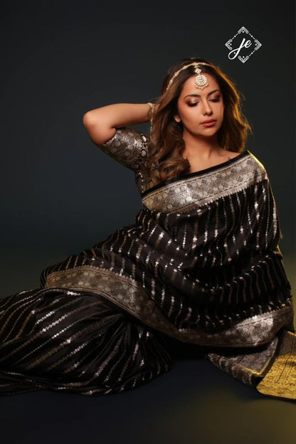 &quot;Avika&quot; Black Affair Satin Fall-Striped Banarasi Saree