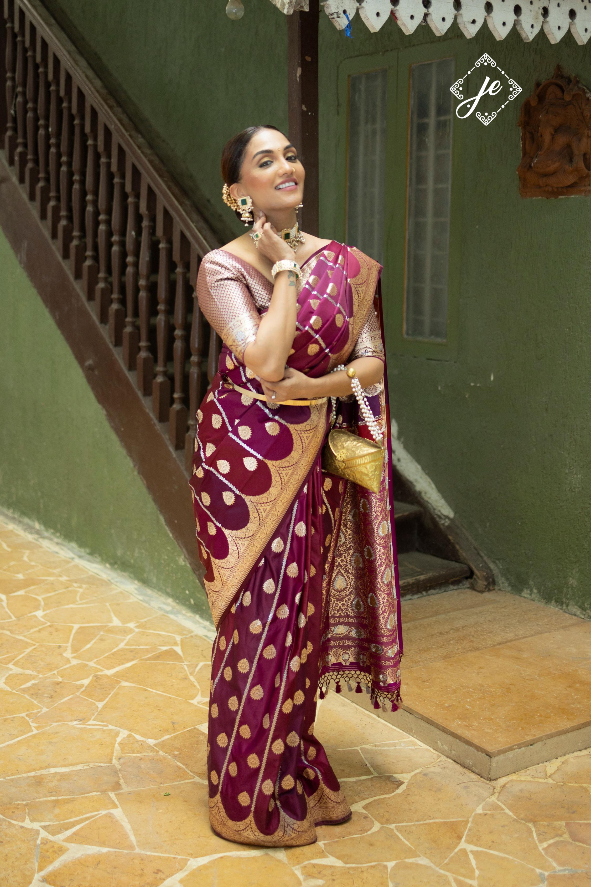 Garnet-Wine Satin Silk Rangkaat Banarasi Saree