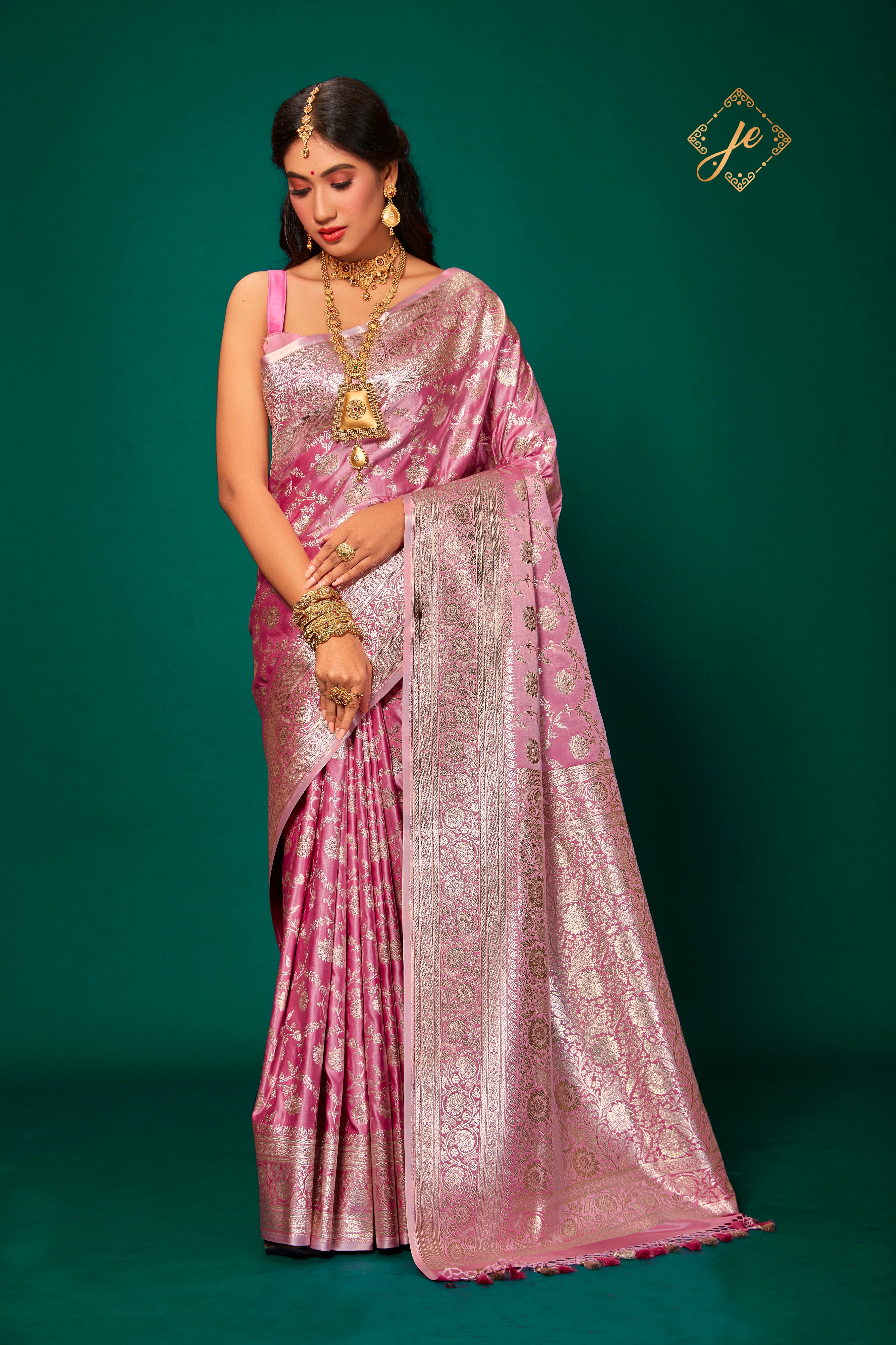 Rose Pink Satin Silk Jaal Banarasi Saree