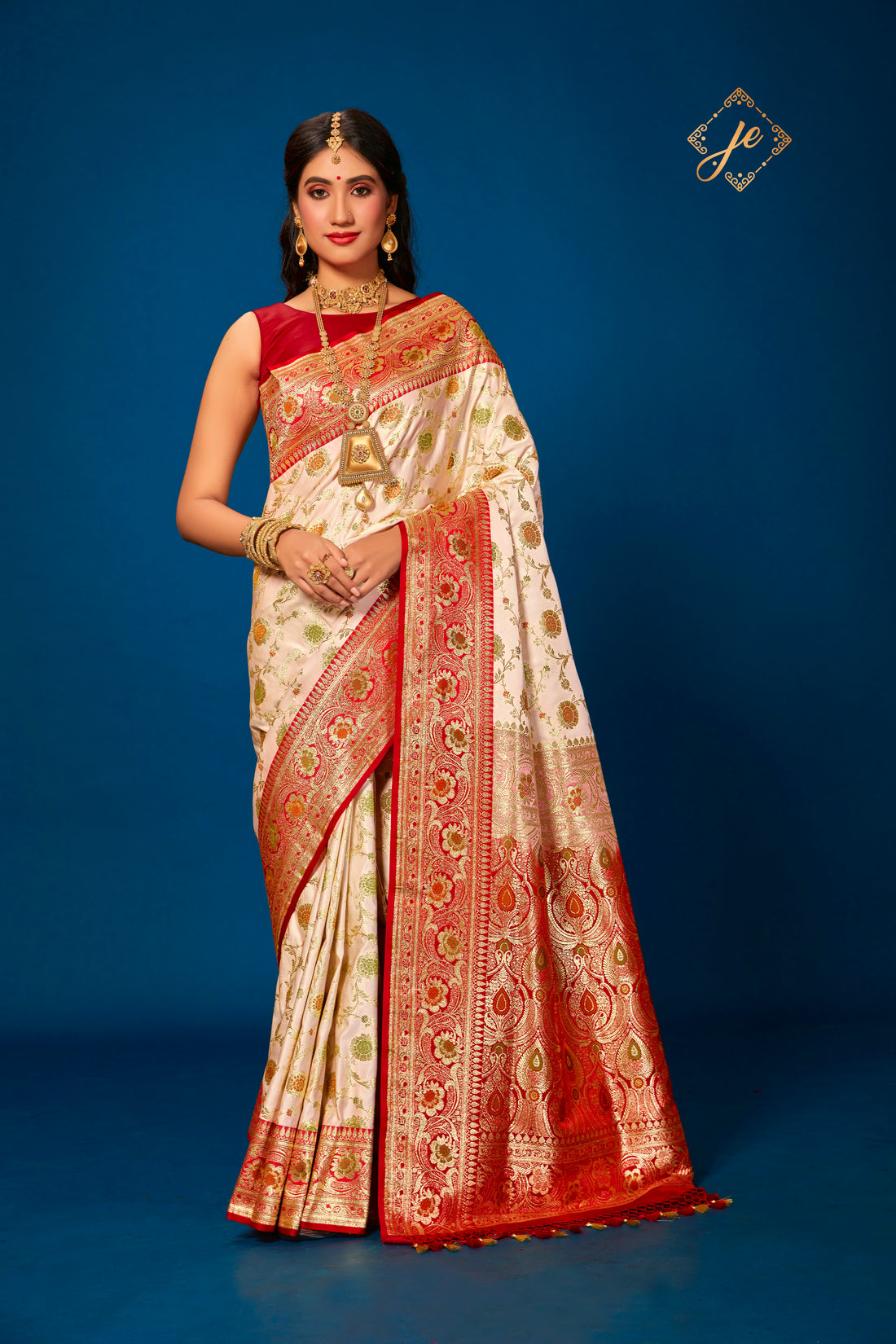 Off-White Satin Silk with Contrast Red Border Meenakari Jaal Banarasi Saree