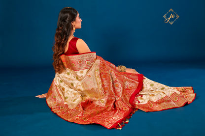 Off-White Satin Silk with Contrast Red Border Meenakari Jaal Banarasi Saree