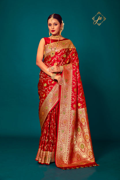 Red Satin Silk Meenakari Jaal Banarasi Saree