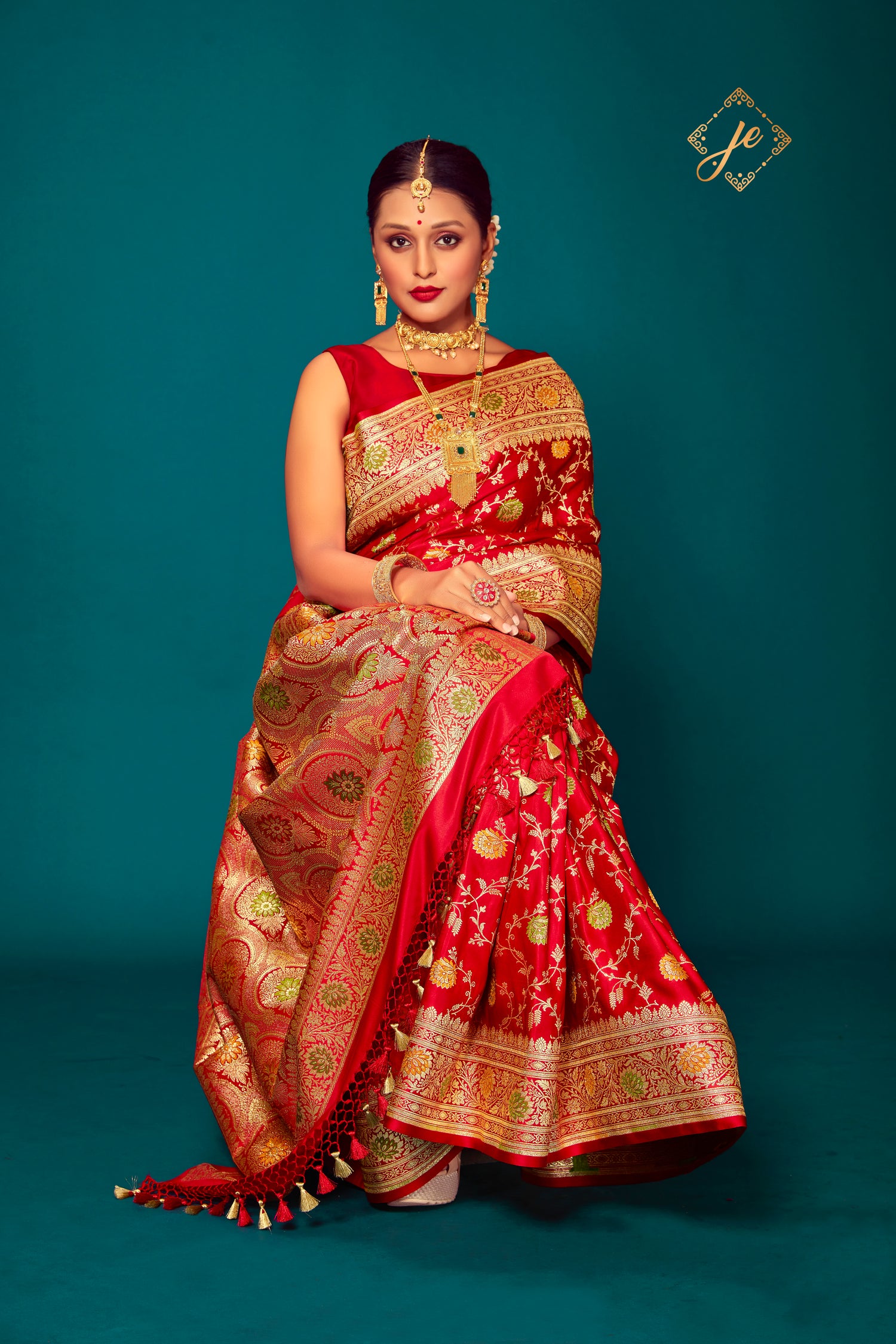 Red Satin Silk Meenakari Jaal Banarasi Saree