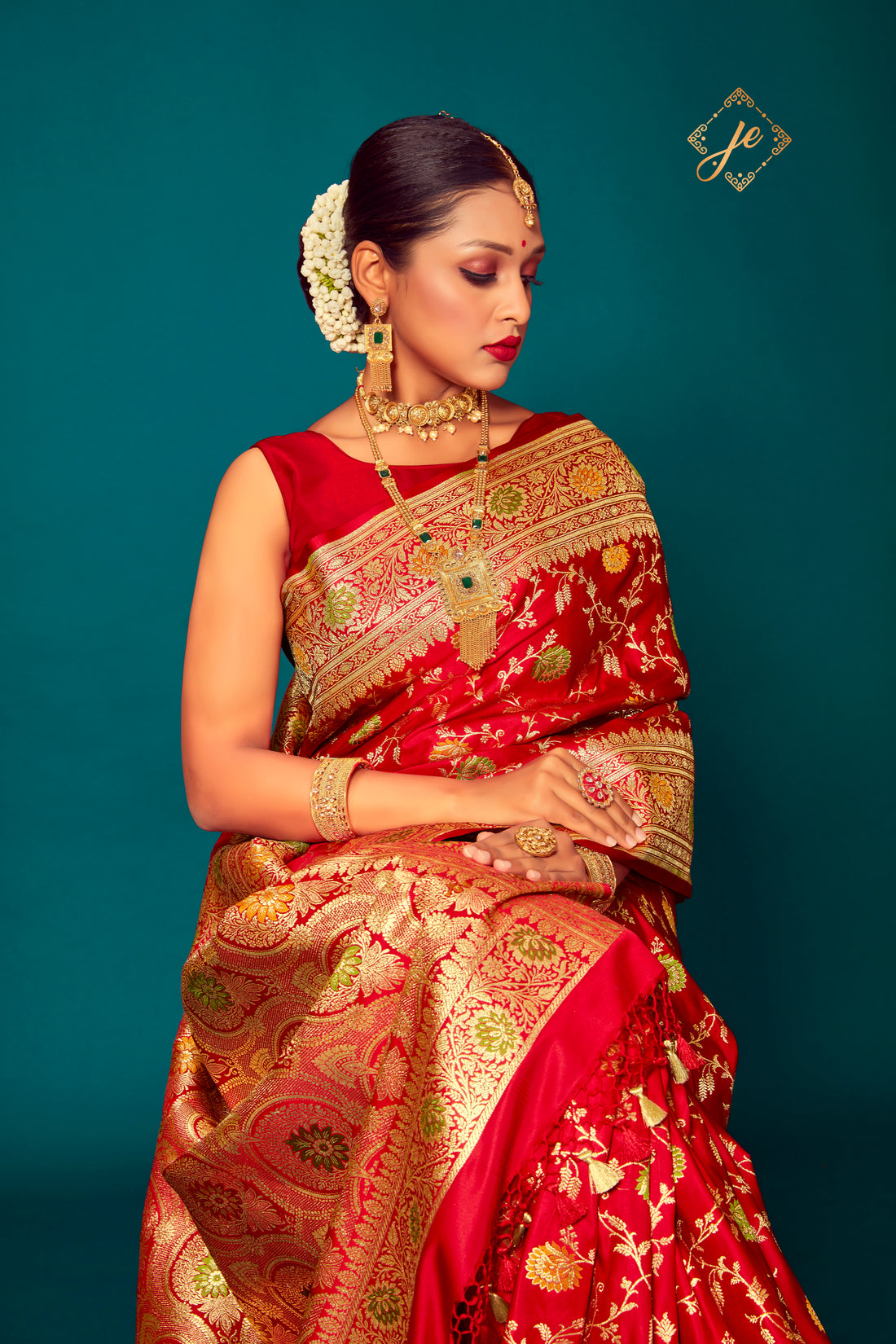 Red Satin Silk Meenakari Jaal Banarasi Saree