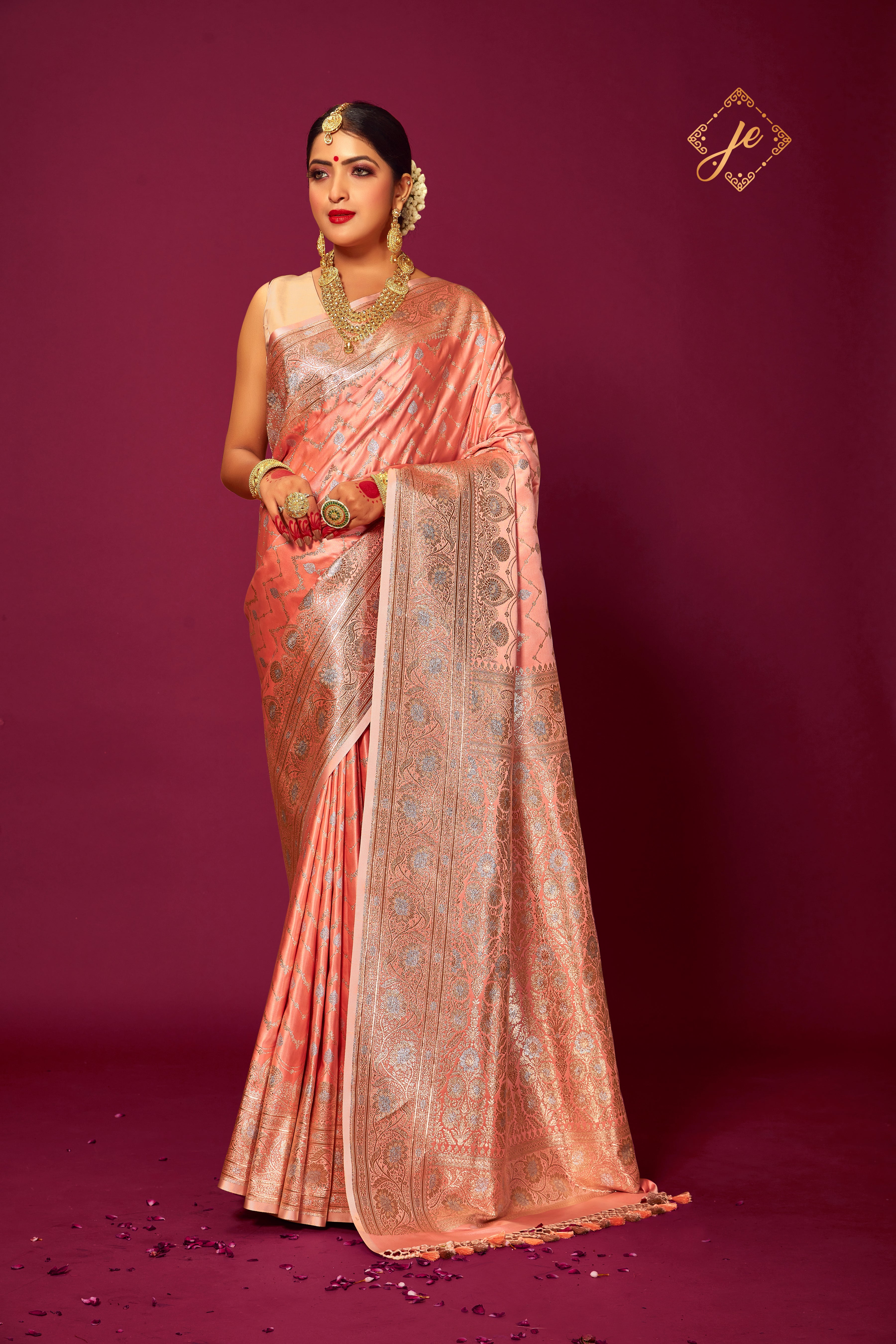 Peach Satin Silk Silver Meenakari Zig-Zag Banarasi Saree