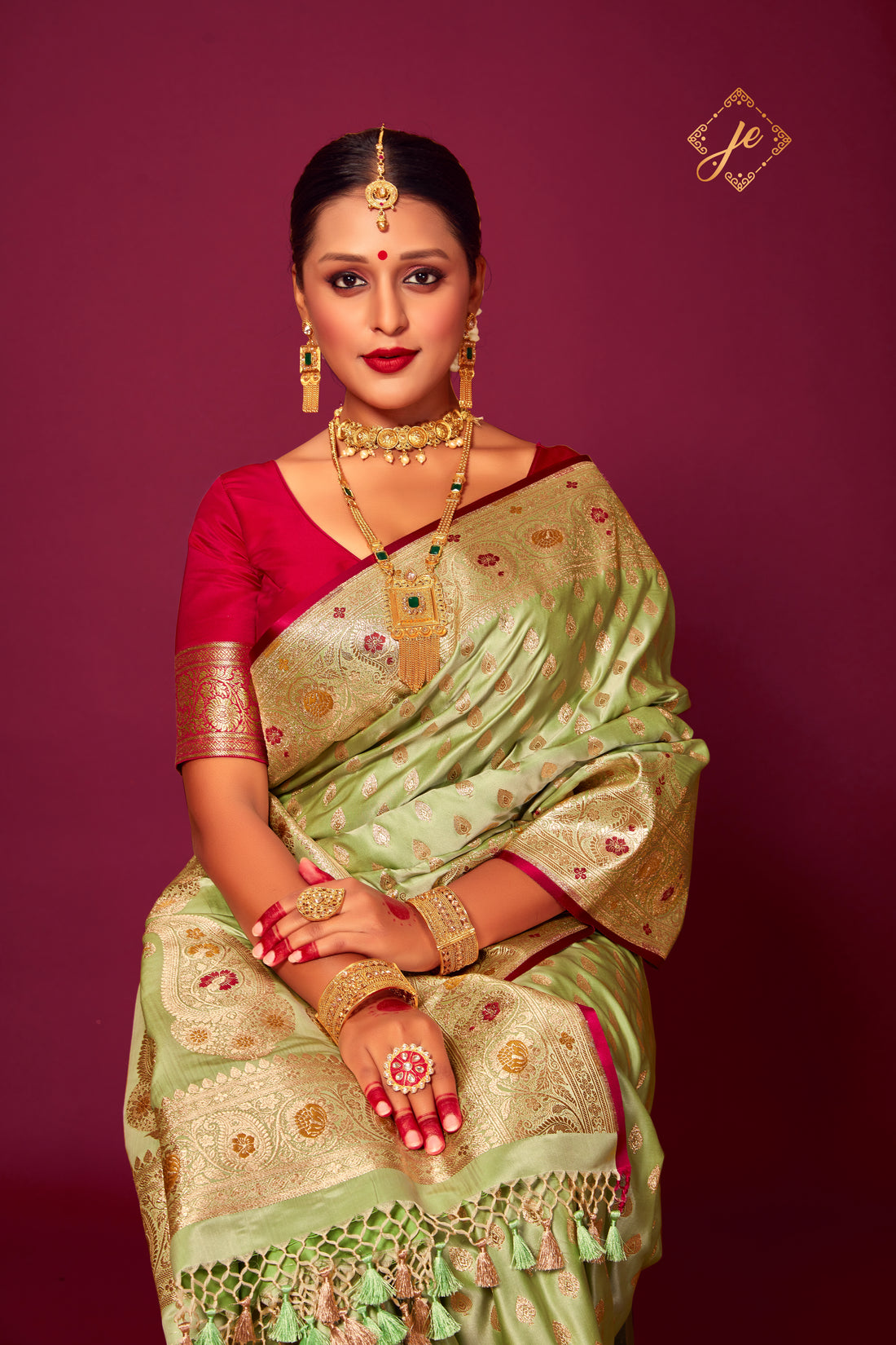 Pista Green Satin Silk with Meenakari Border Banarasi Saree