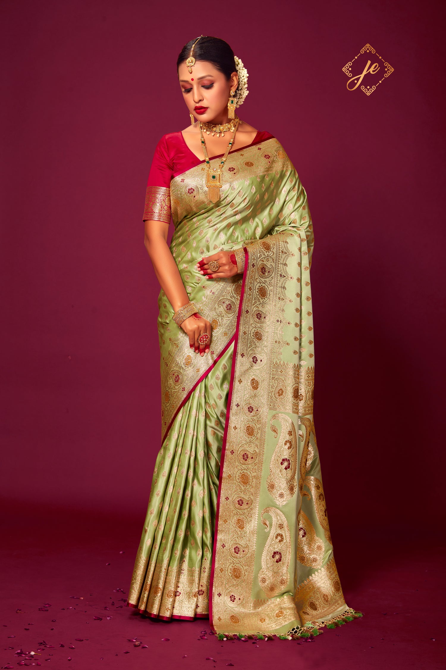 Pista Green Satin Silk with Meenakari Border Banarasi Saree