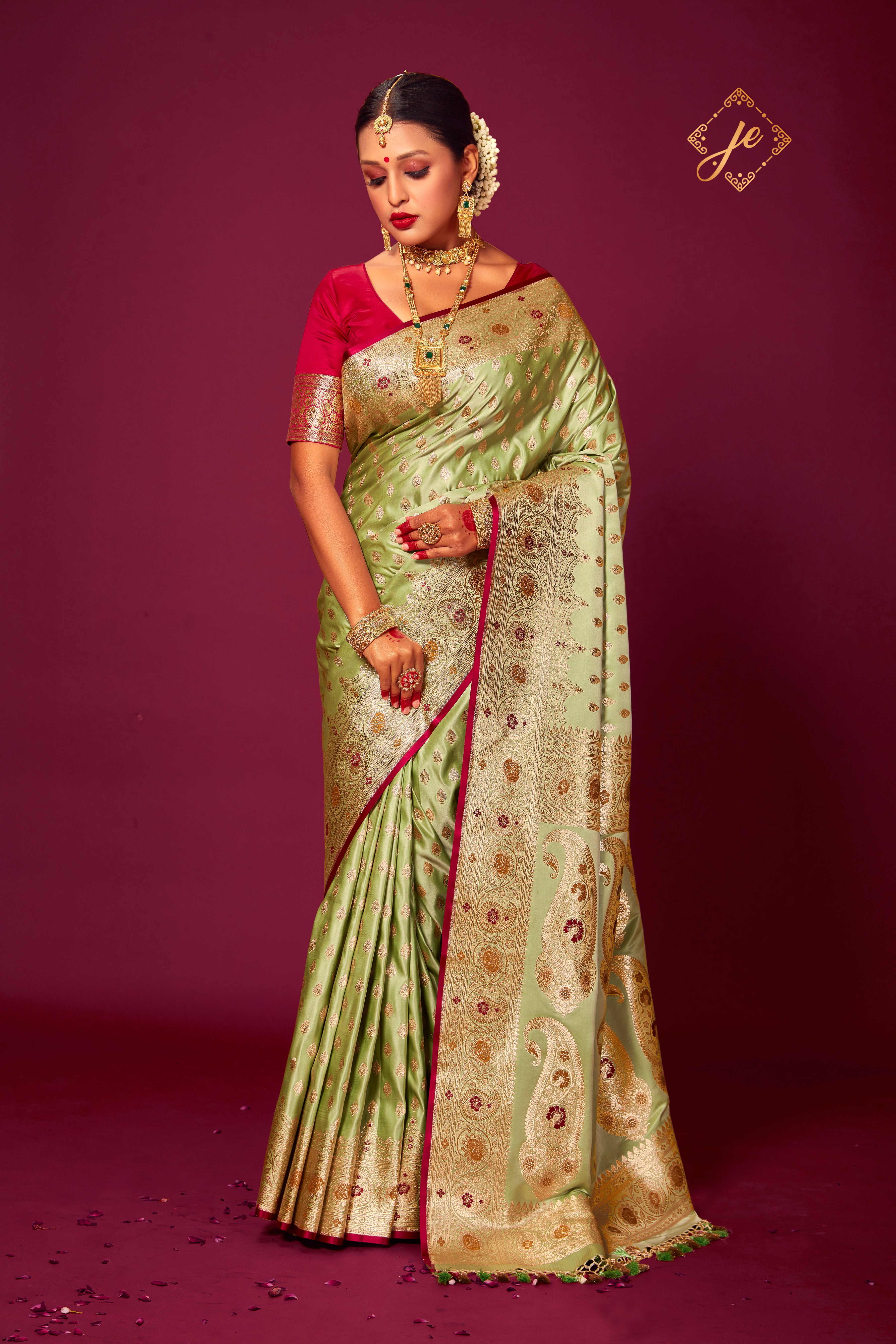 Pista Green Satin Silk with Meenakari Border Banarasi Saree