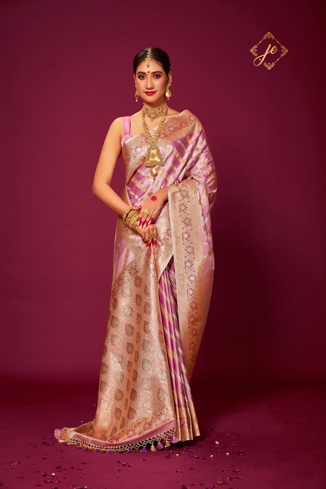 Pastel Pink Satin Silk Sona-Rupa Leheriya Banarasi Saree