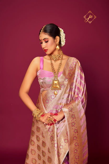 Pastel Pink Satin Silk Sona-Rupa Leheriya Banarasi Saree