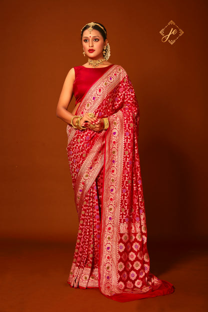 Red Pure Khaddi Meenakari Jaal Banarasi Saree