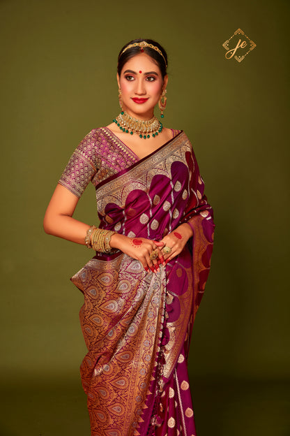 Garnet-Wine Satin Silk Rangkaat Banarasi Saree