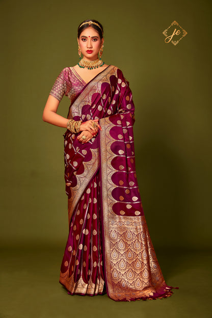 Garnet-Wine Satin Silk Rangkaat Banarasi Saree