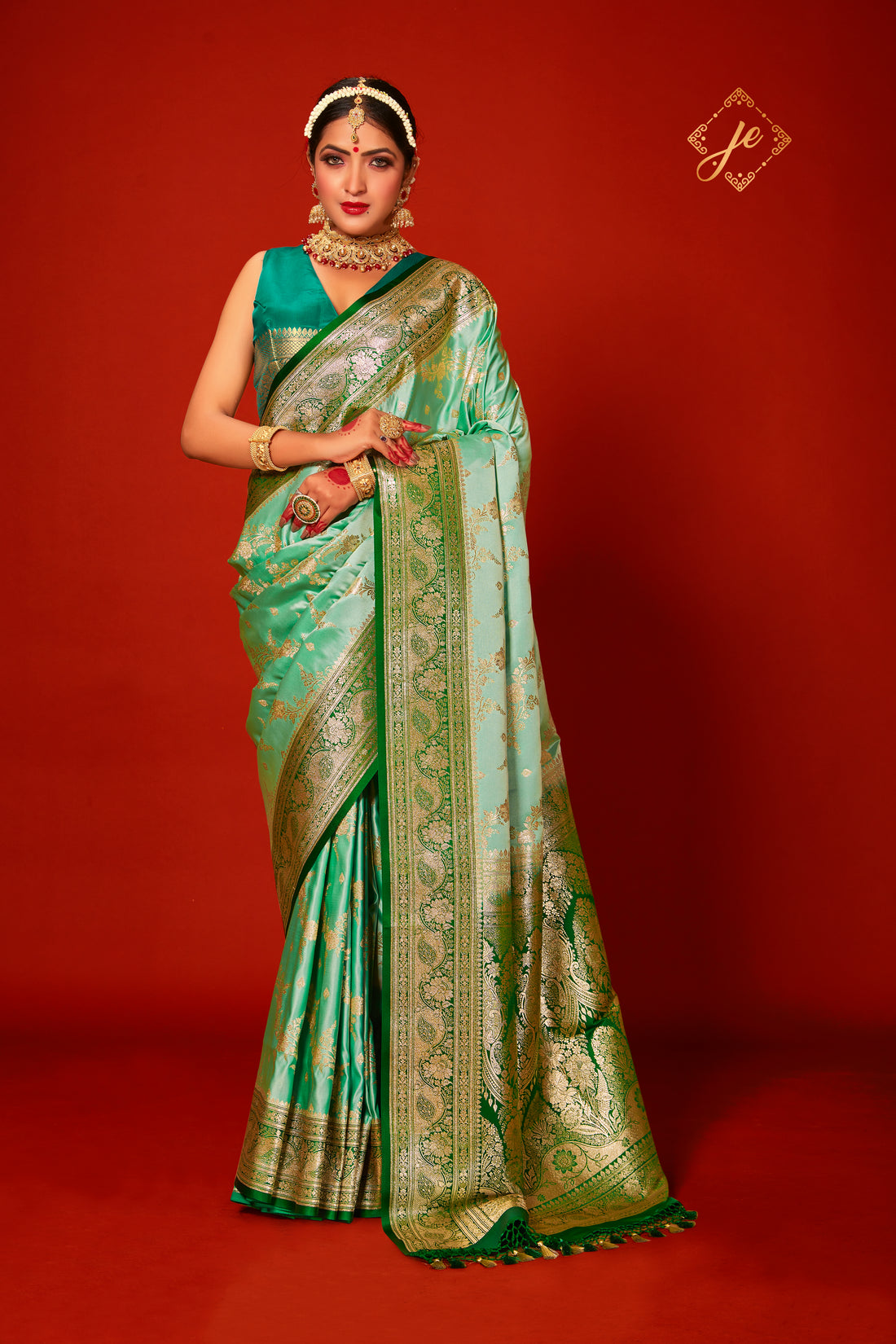 Sea-green Satin Silk Contrast Border Banarasi Saree