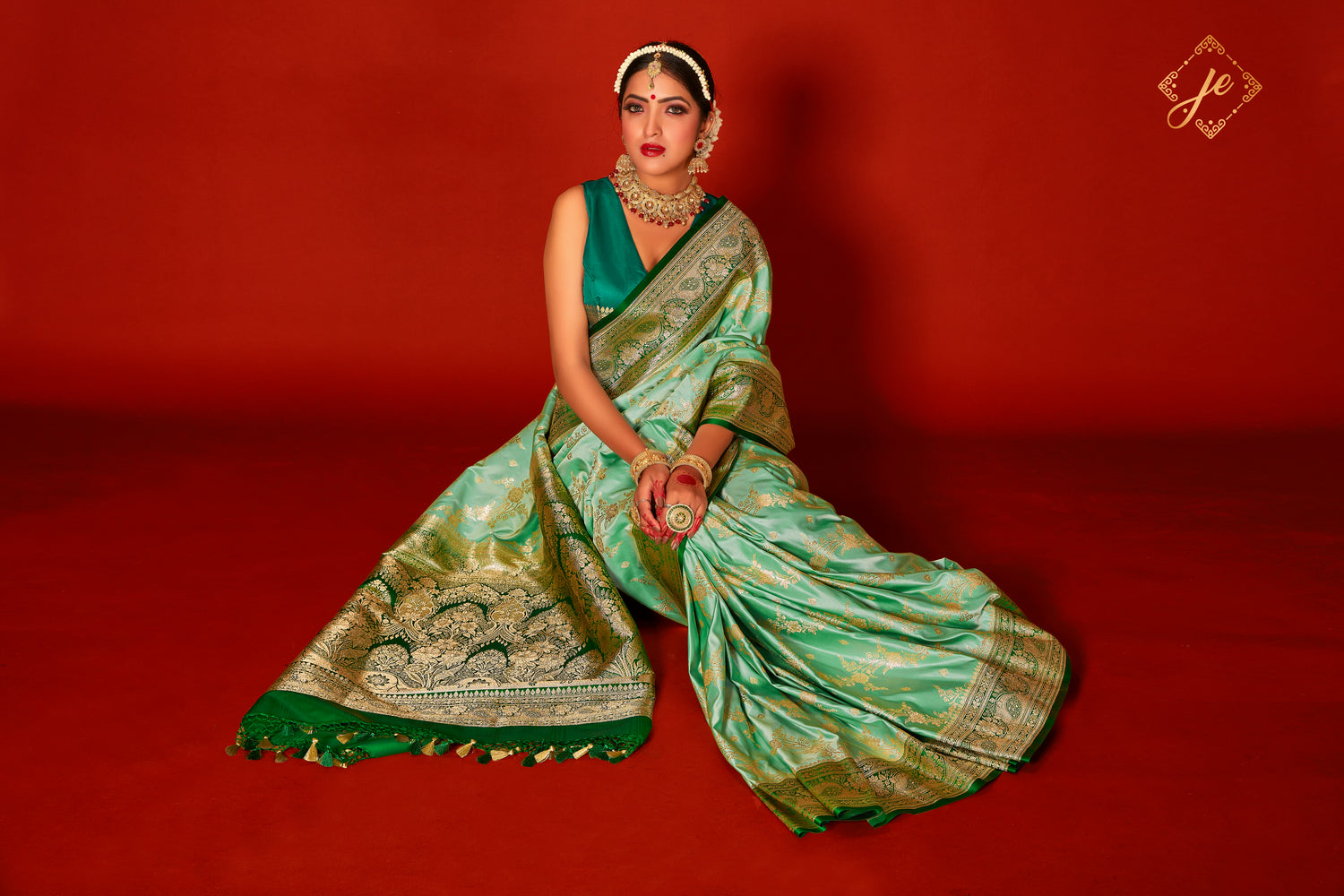 Sea-green Satin Silk Contrast Border Banarasi Saree