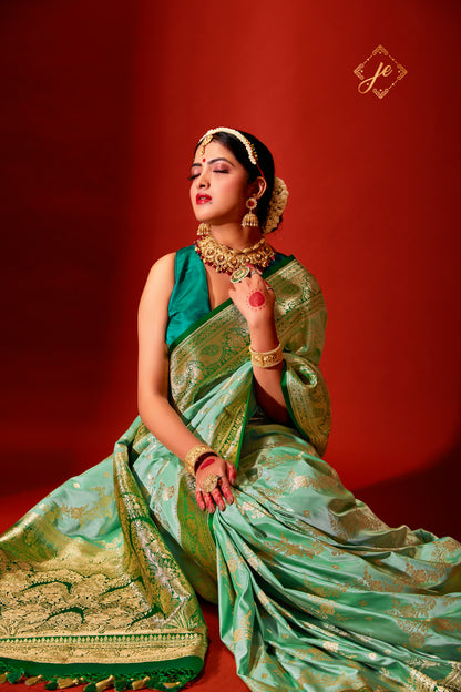 Sea-green Satin Silk Contrast Border Banarasi Saree