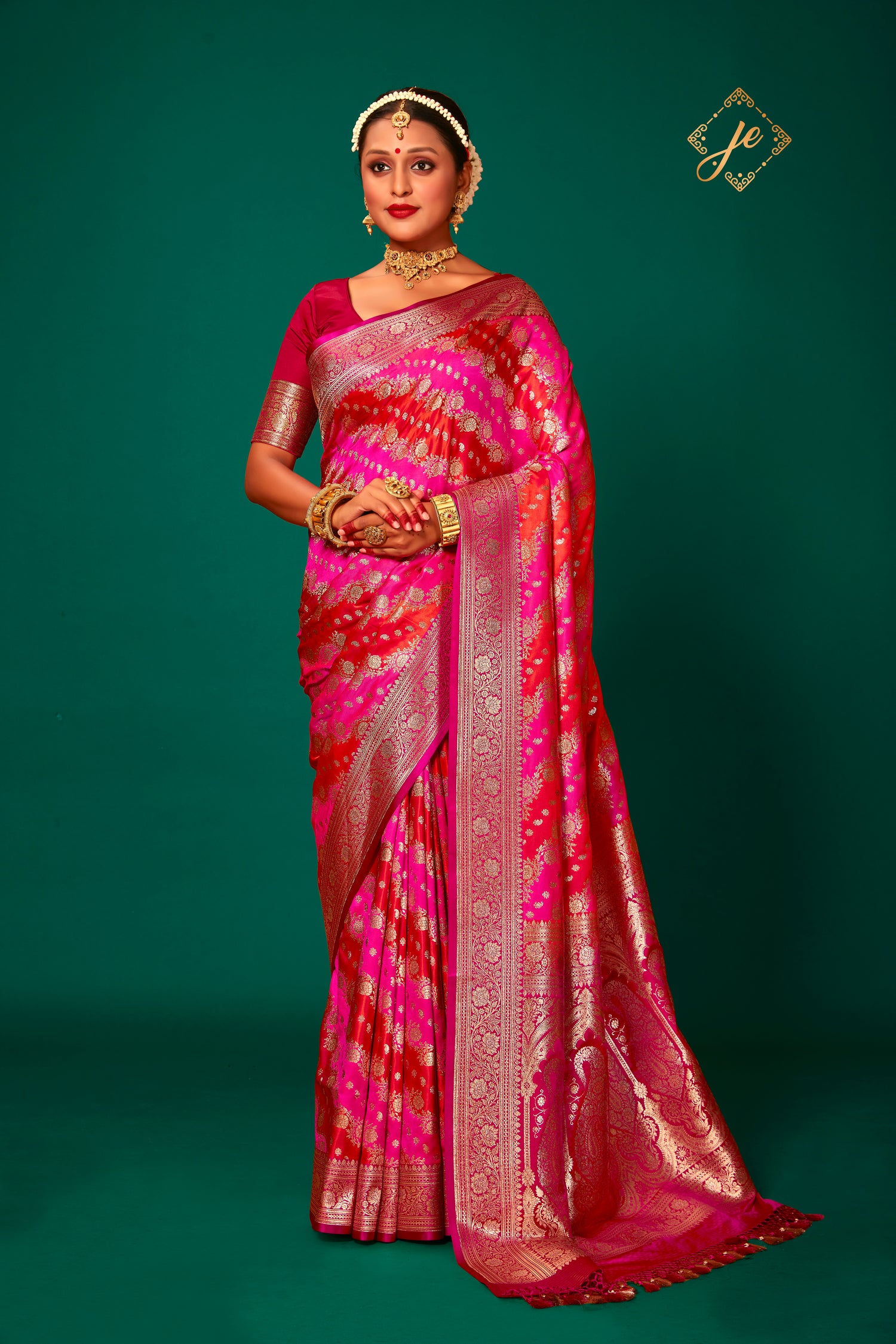 Pink-Red Satin Silk Rangkaat Banarasi Saree