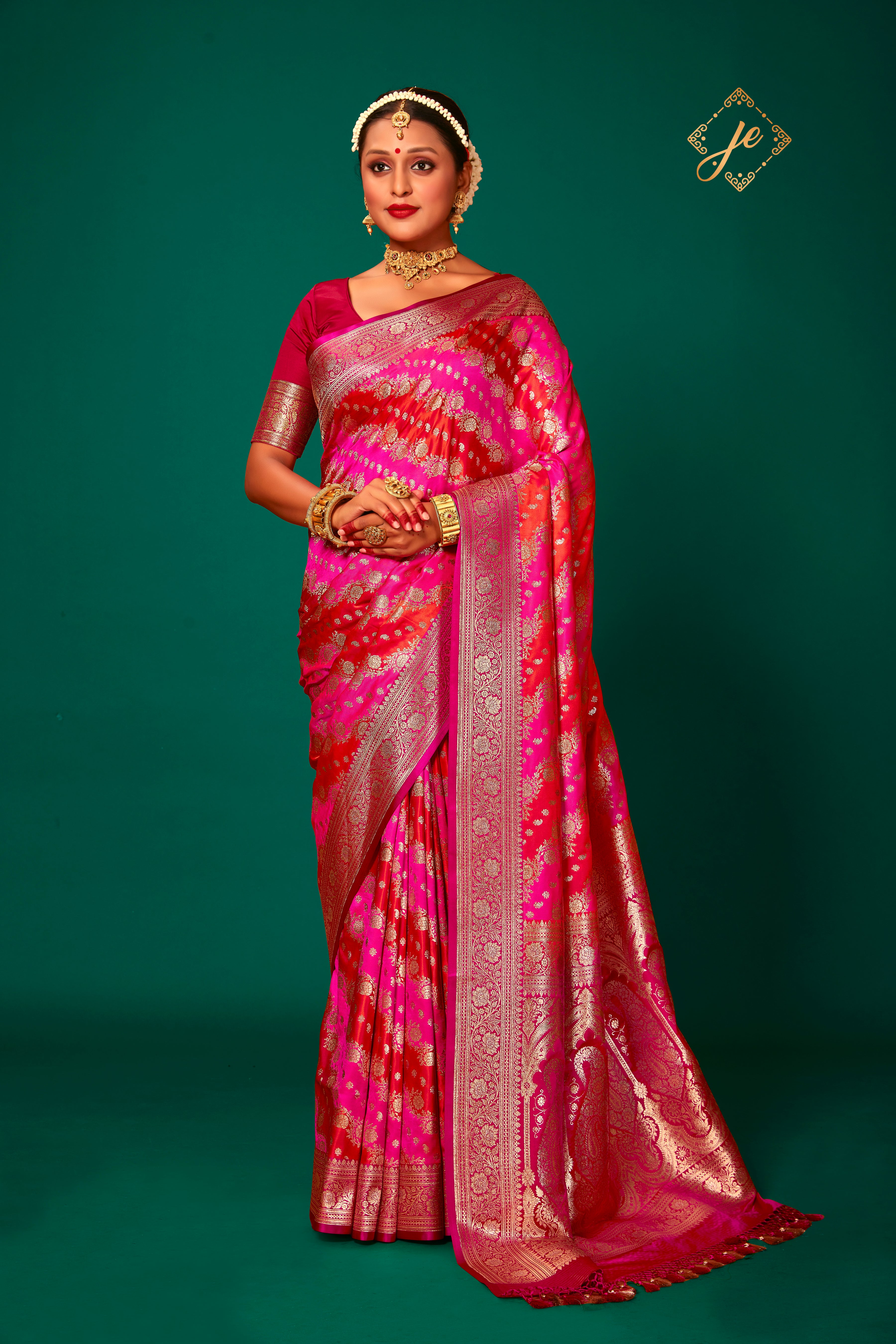 Pink-Red Satin Silk Rangkaat Banarasi Saree