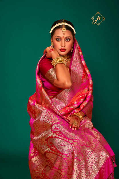 Pink-Red Satin Silk Rangkaat Banarasi Saree