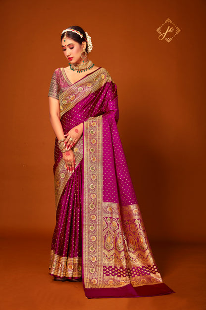 Magenta Pure Satin Silk Meenakari Banarasi Handloom Saree