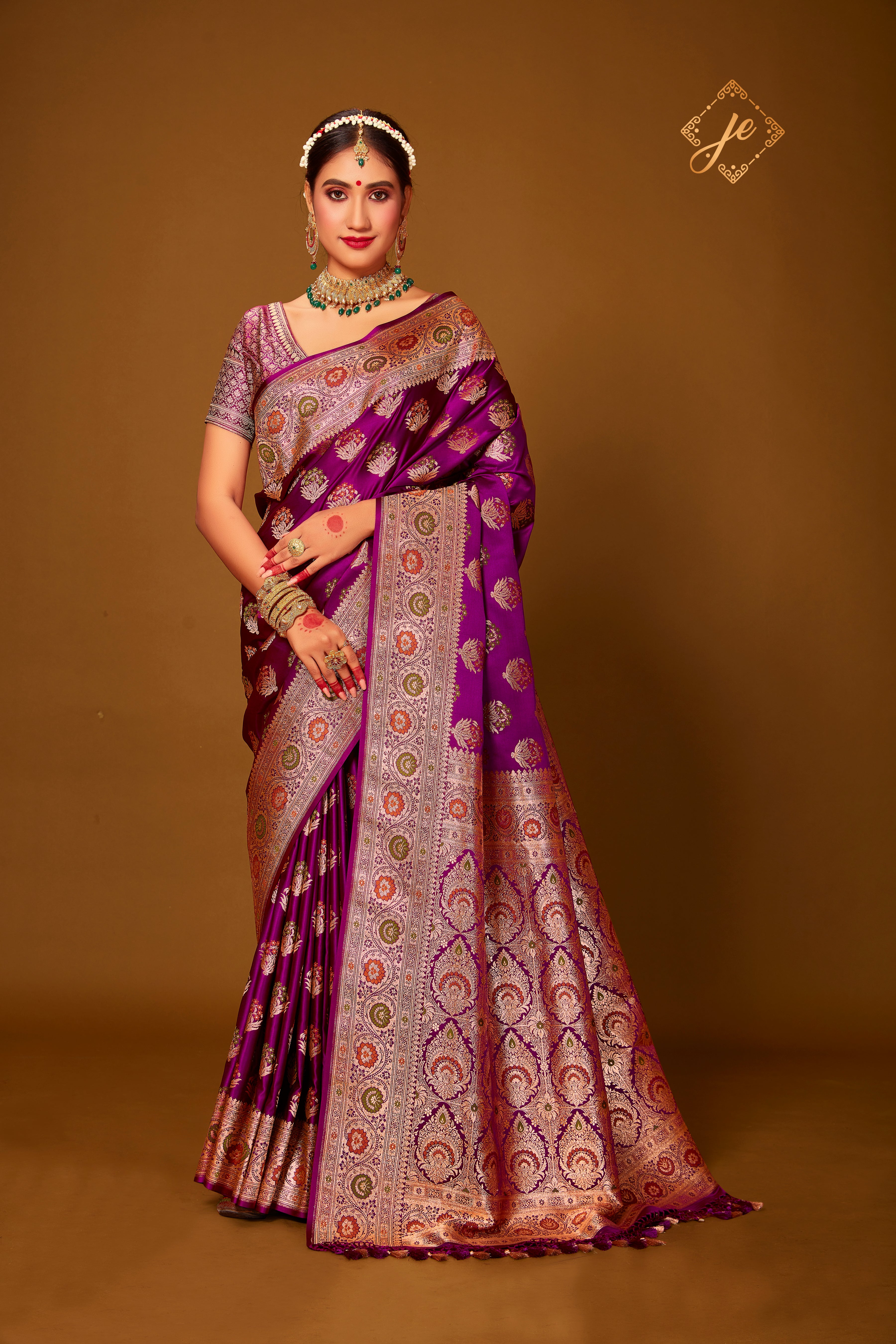 Deep Plum Satin Silk Meenakari Banarasi Saree