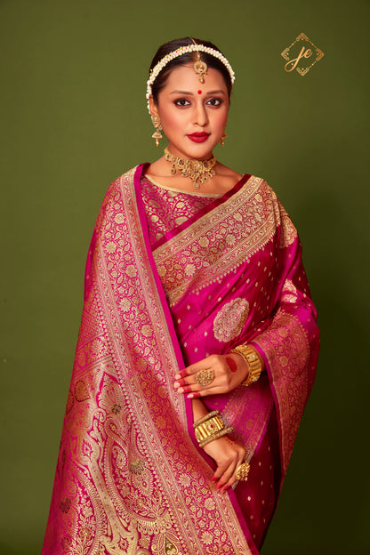 Rani Pink Satin Silk Banarasi Handloom Saree