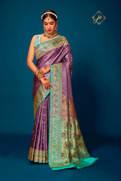 Lilac Purple Satin Silk with Contrast Sea-Green Border Banarasi Handloom Saree