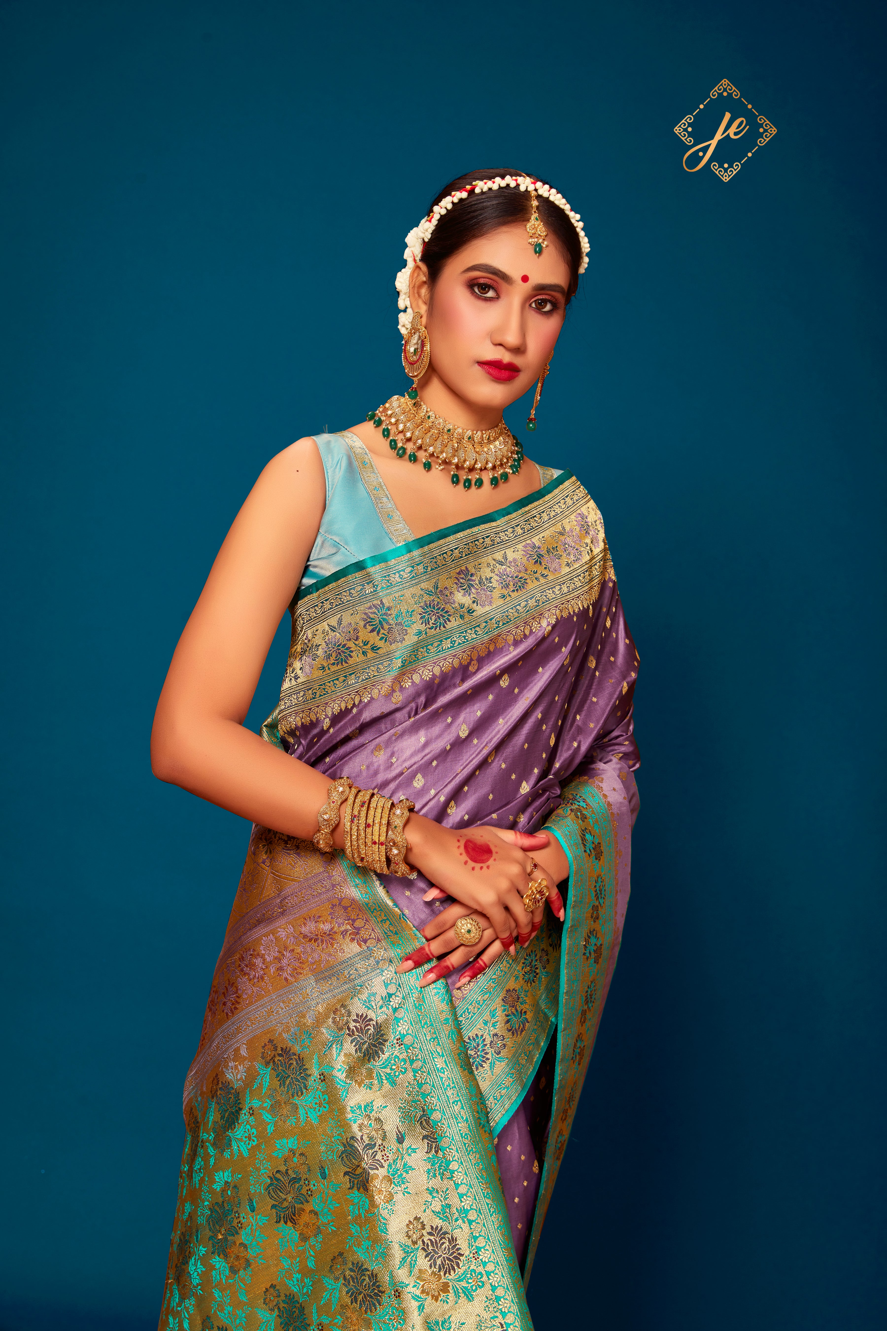 Lilac Purple Satin Silk with Contrast Sea-Green Border Banarasi Handloom Saree