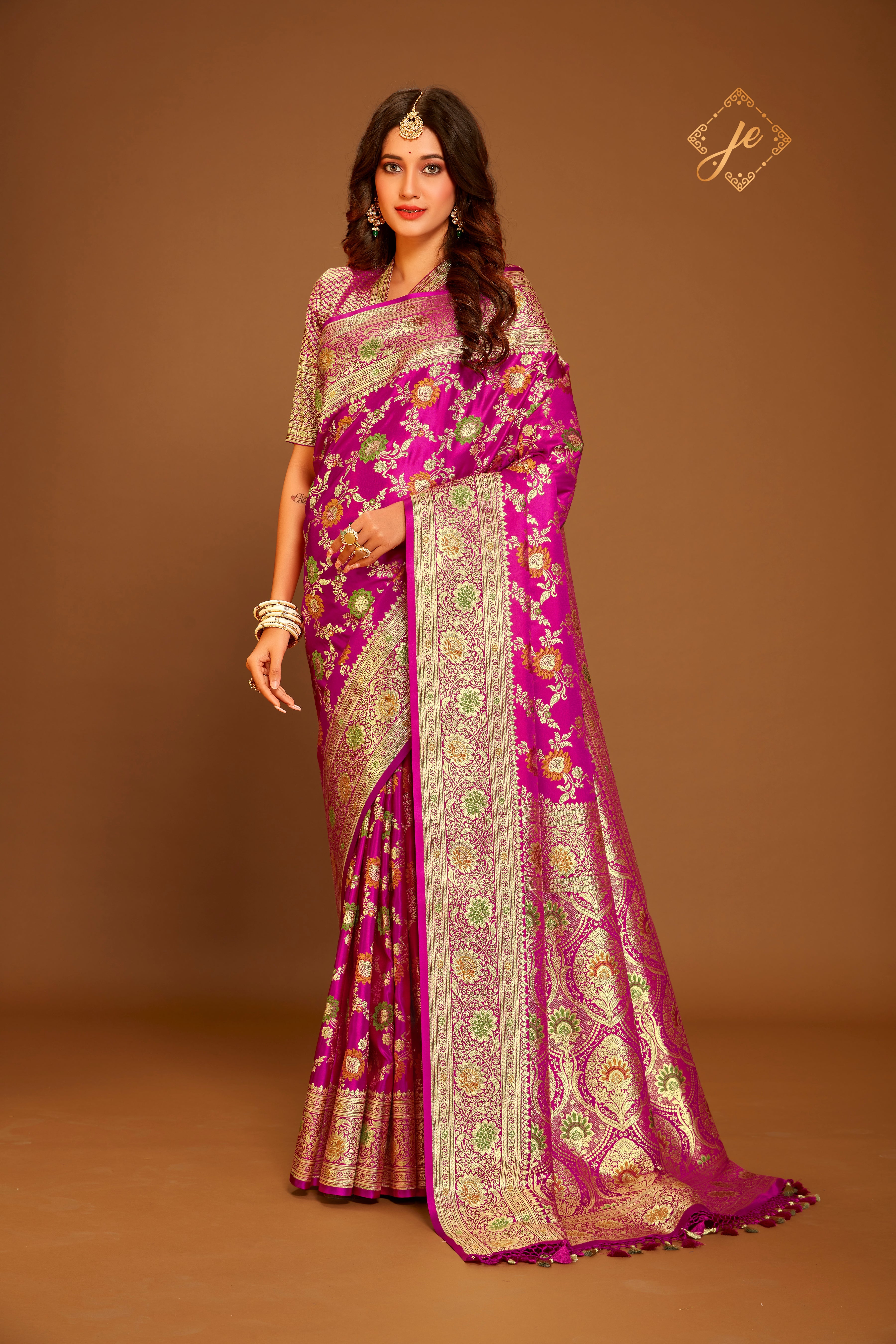 Rani Pink Satin Silk Meenakari Jaal Banarasi Saree