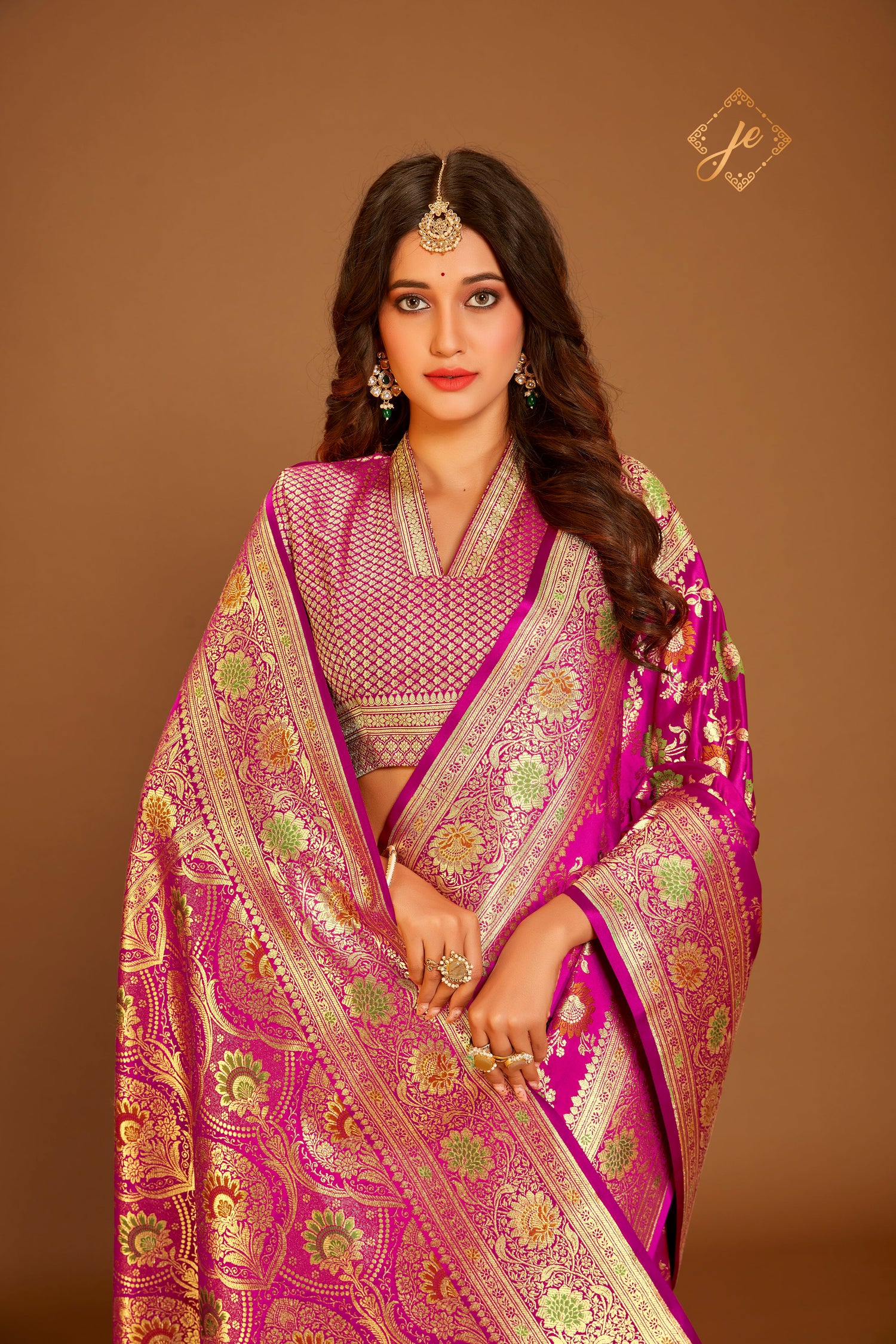 Rani Pink Satin Silk Meenakari Jaal Banarasi Saree