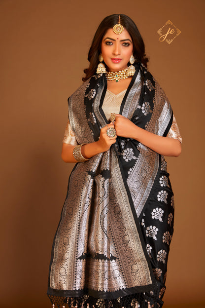 Black Satin Silk Silver Meenakari Banarasi Saree