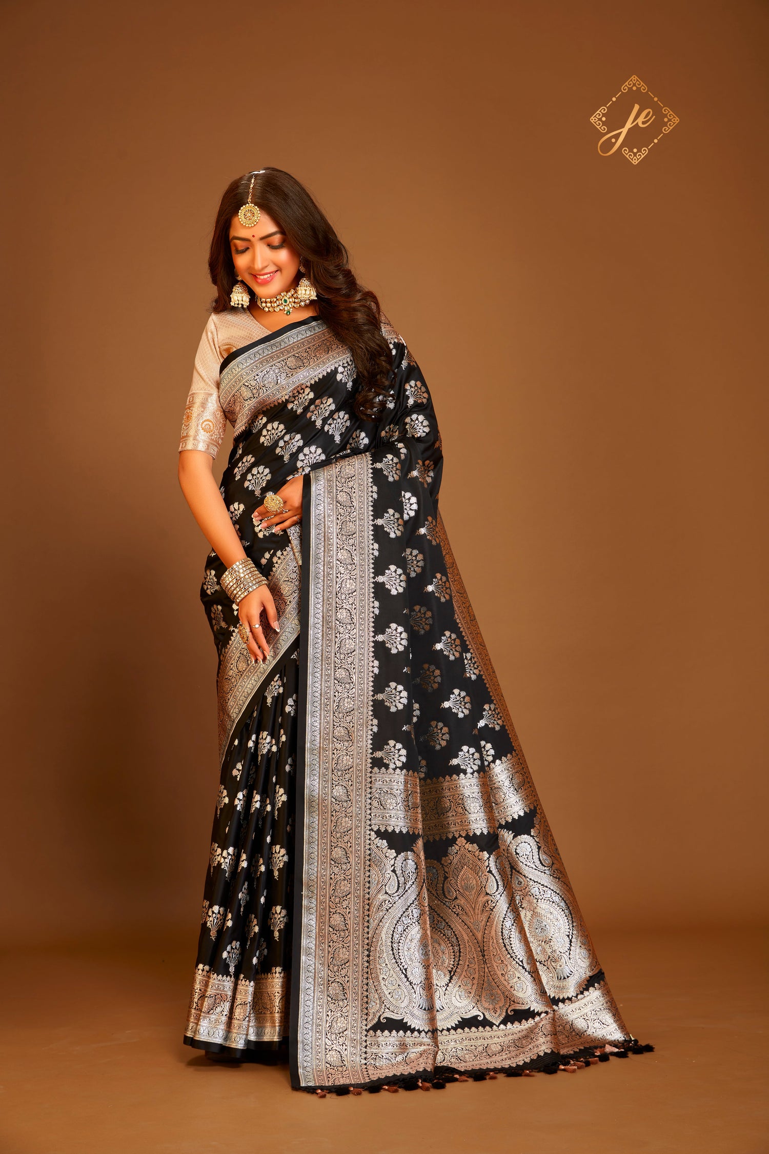 Black Satin Silk Silver Meenakari Banarasi Saree