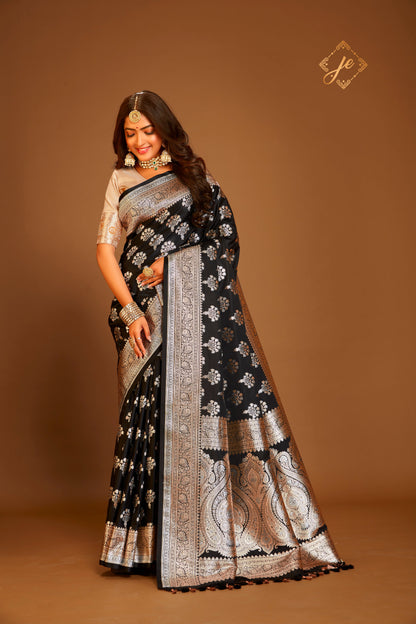 Black Satin Silk Silver Meenakari Banarasi Saree