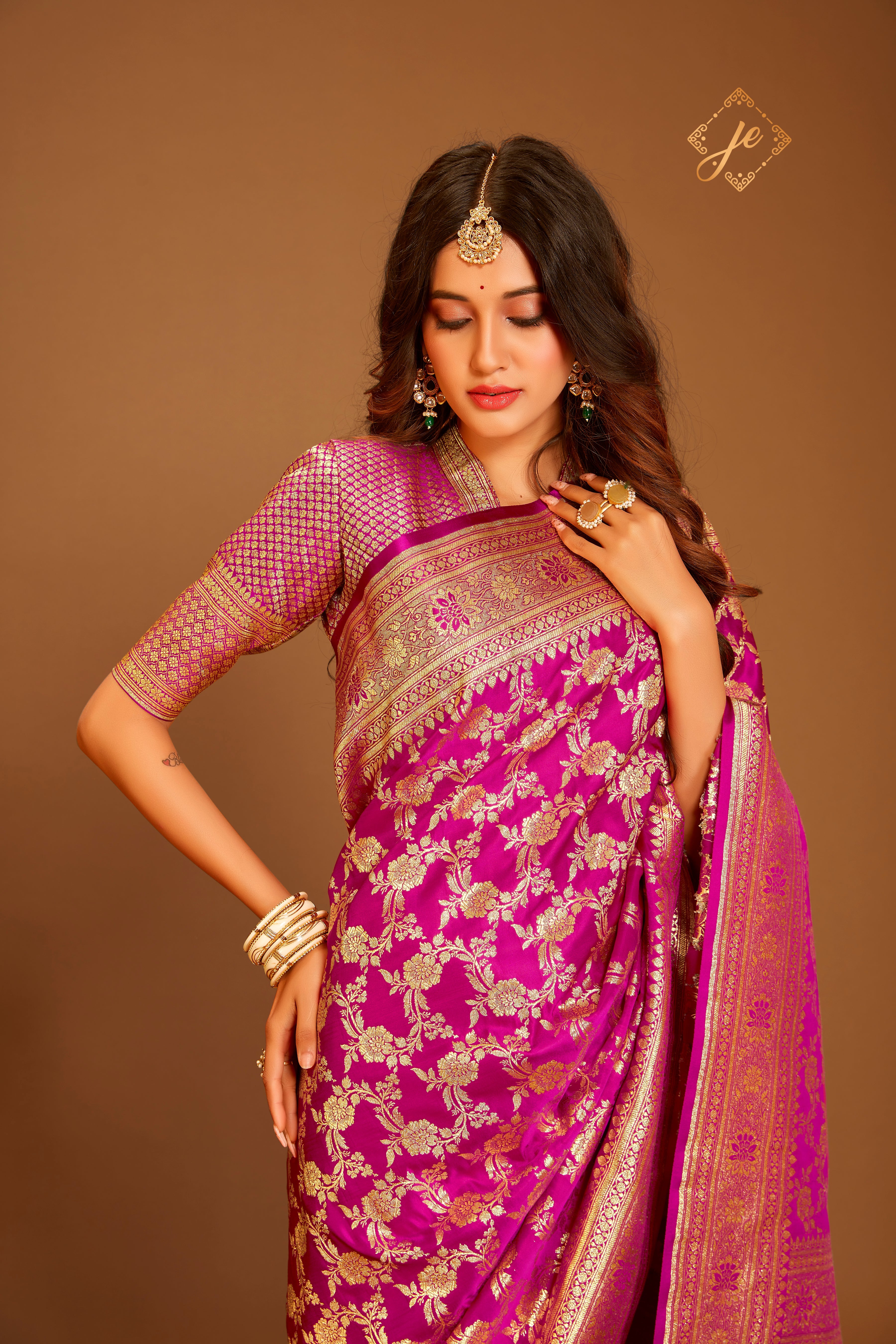 Rani Pink Satin Silk Jaal Banarasi Saree