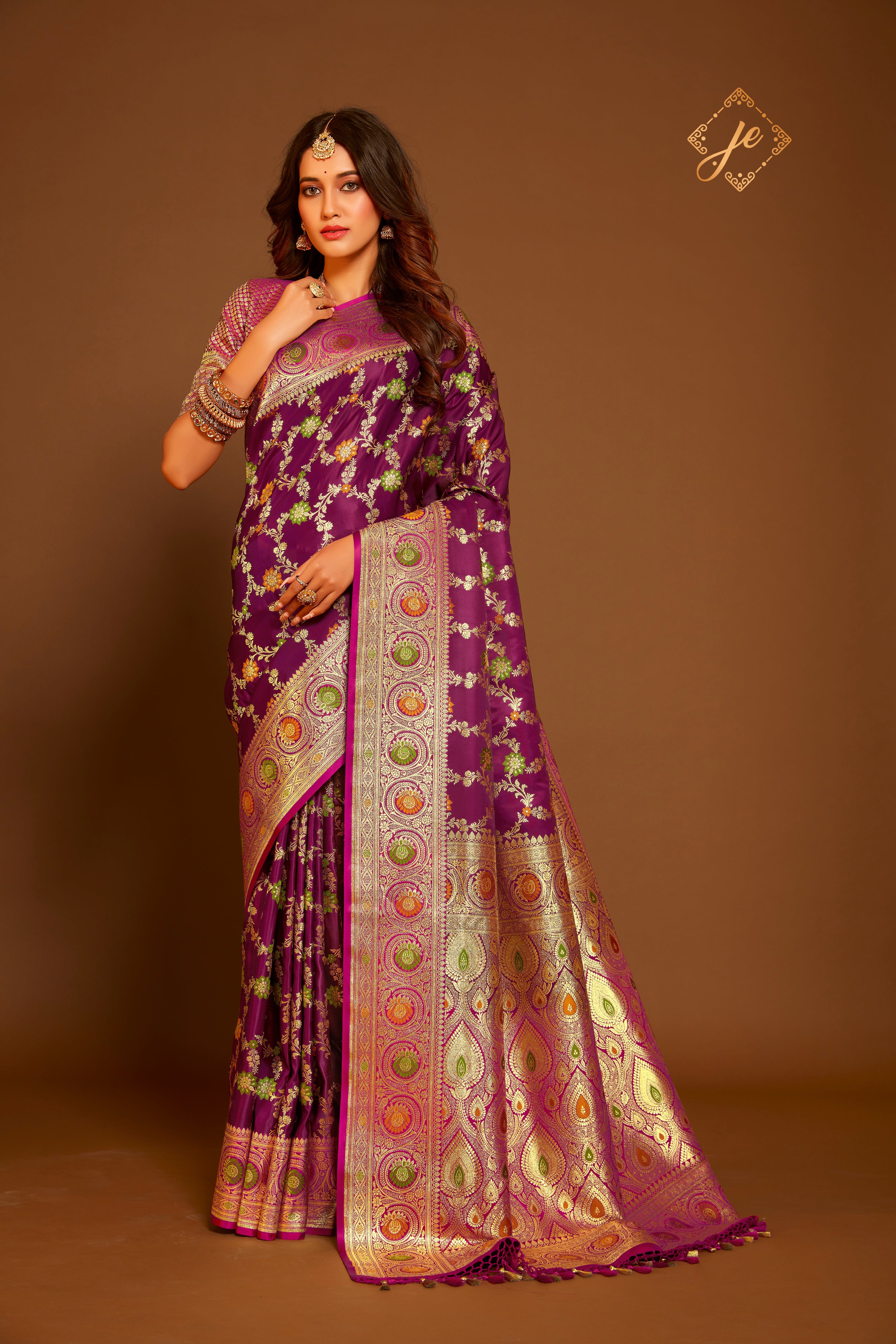 Wine-Pink Satin Silk Meenakari Jaal with Contrast Border Banarasi Saree