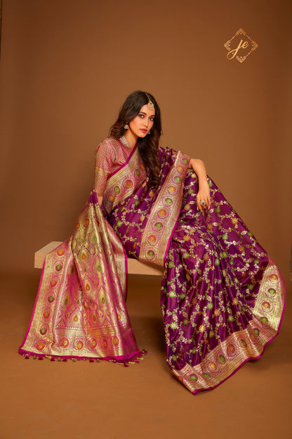 Wine-Pink Satin Silk Meenakari Jaal with Contrast Border Banarasi Saree