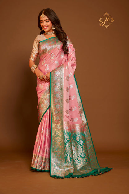 Pastel Pink Satin Silk with Contrast Green Border Banarasi Saree